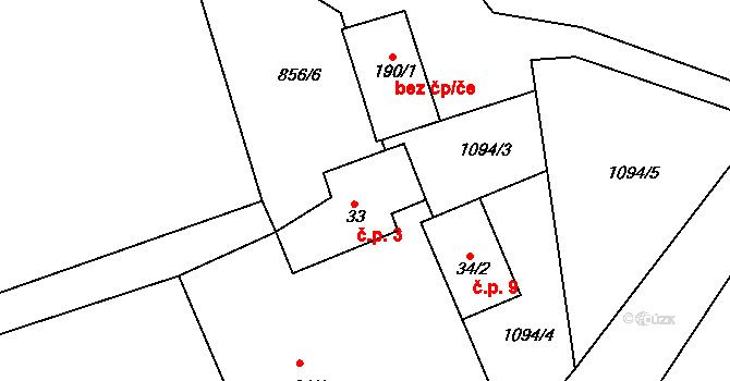 Jemčina 3, Hatín na parcele st. 33 v KÚ Hatín, Katastrální mapa