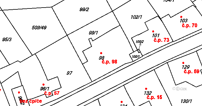 Těchov 98, Blansko na parcele st. 98 v KÚ Těchov, Katastrální mapa