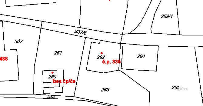 Lipová-lázně 335 na parcele st. 262 v KÚ Dolní Lipová, Katastrální mapa