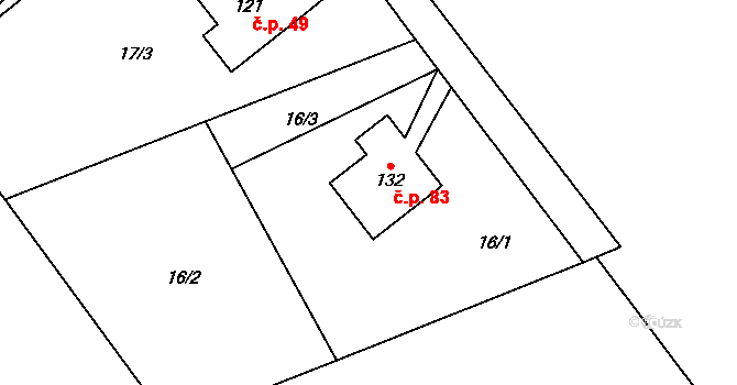 Horní Stakory 83, Kosmonosy na parcele st. 132 v KÚ Horní Stakory, Katastrální mapa