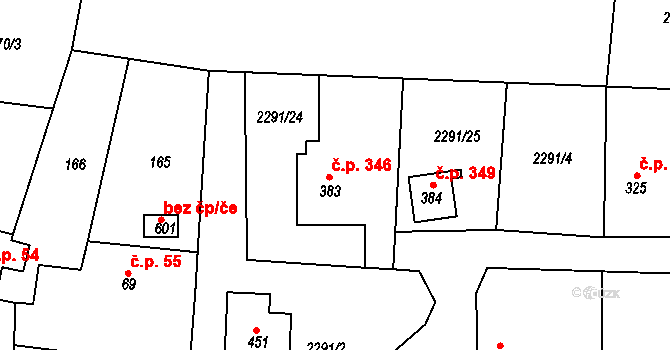 Hudlice 346 na parcele st. 383 v KÚ Hudlice, Katastrální mapa