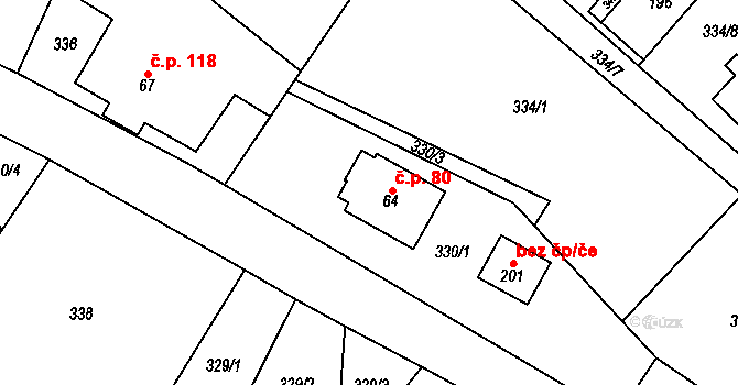 Pustá Kamenice 80 na parcele st. 64 v KÚ Pustá Kamenice, Katastrální mapa
