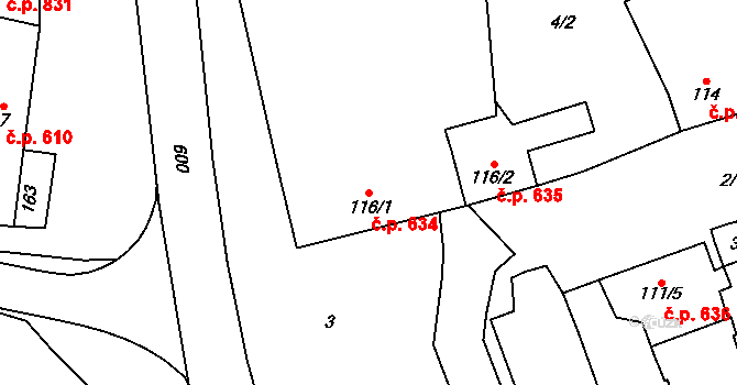 Loučany 634 na parcele st. 116/1 v KÚ Loučany na Hané, Katastrální mapa