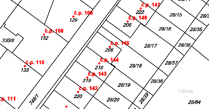 Střelice 145, Uničov na parcele st. 206 v KÚ Střelice u Litovle, Katastrální mapa