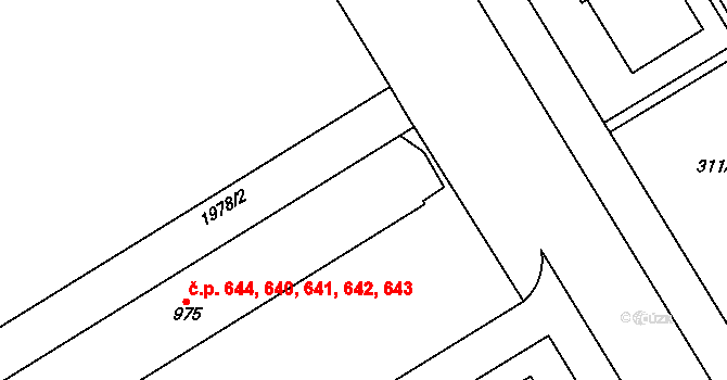 Uničov 640,641,642,643,644 na parcele st. 975 v KÚ Uničov, Katastrální mapa