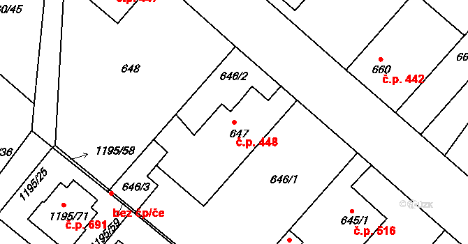 Březnice 448 na parcele st. 647 v KÚ Březnice, Katastrální mapa