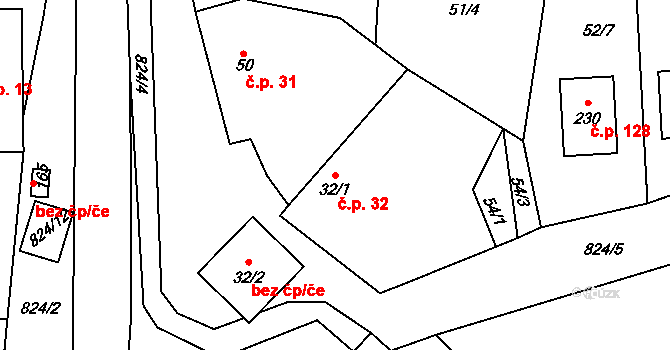 Libošovice 32 na parcele st. 32/1 v KÚ Libošovice, Katastrální mapa