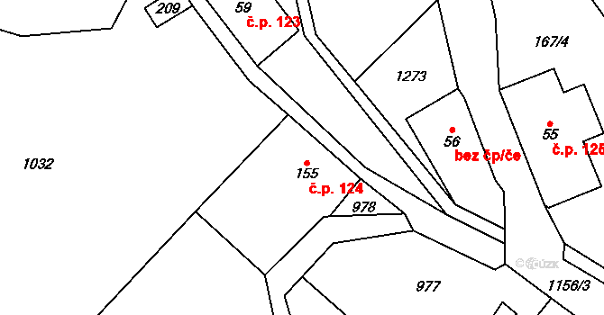 Těchonín 124 na parcele st. 155 v KÚ Těchonín, Katastrální mapa