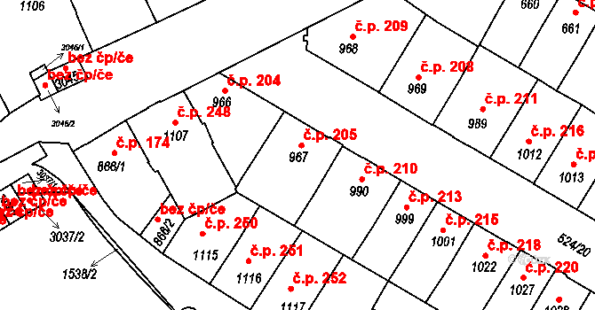 Stařečka 205, Třebíč na parcele st. 967 v KÚ Třebíč, Katastrální mapa