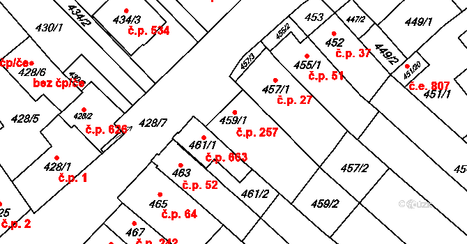 Medlánky 257, Brno na parcele st. 459/1 v KÚ Medlánky, Katastrální mapa