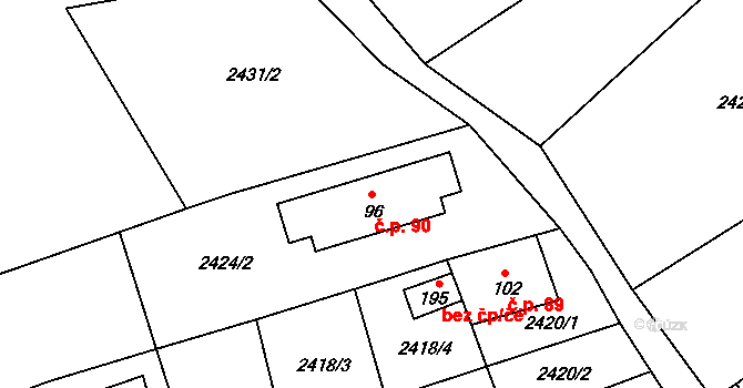 Humenice 90, Horní Stropnice na parcele st. 96 v KÚ Svébohy, Katastrální mapa