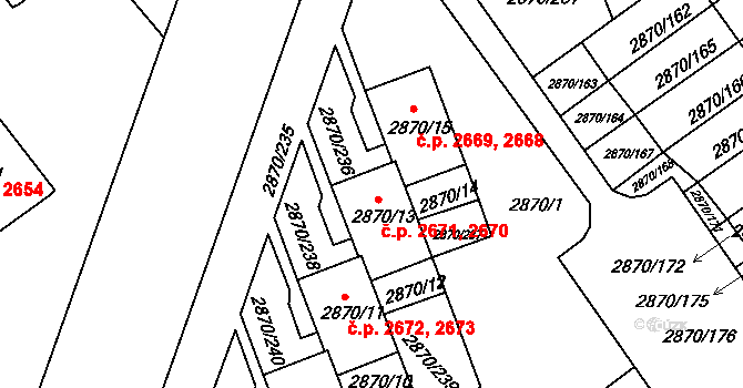 Teplice 2670,2671 na parcele st. 2870/13 v KÚ Teplice, Katastrální mapa