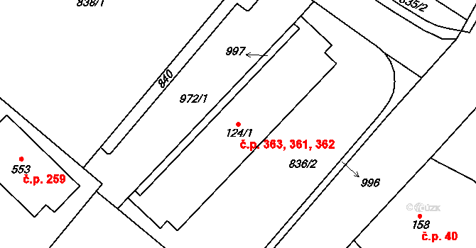 Daliměřice 361,362,363, Turnov na parcele st. 124/1 v KÚ Daliměřice, Katastrální mapa