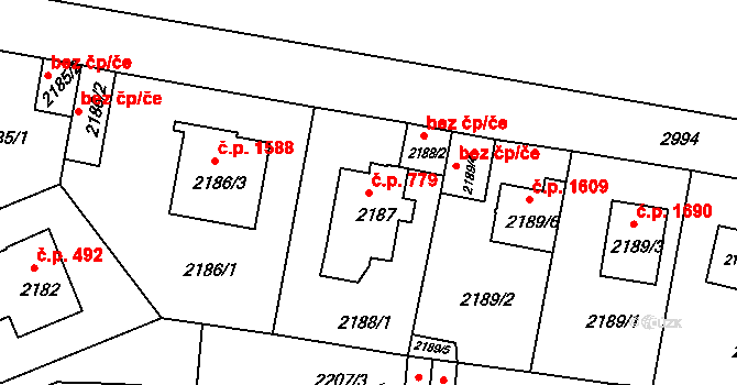 Braník 779, Praha na parcele st. 2187 v KÚ Braník, Katastrální mapa