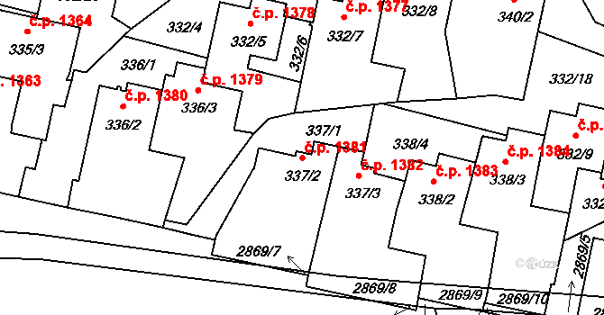 Braník 1381, Praha na parcele st. 337/2 v KÚ Braník, Katastrální mapa