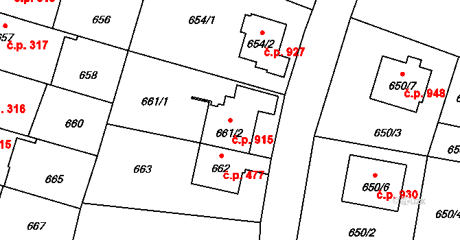 Ruzyně 915, Praha na parcele st. 661/2 v KÚ Ruzyně, Katastrální mapa