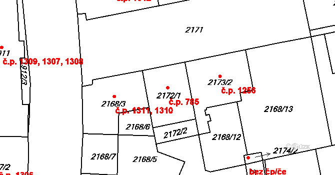 Vršovice 785, Praha na parcele st. 2172/1 v KÚ Vršovice, Katastrální mapa