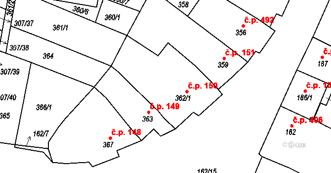 Mutěnice 150 na parcele st. 362/1 v KÚ Mutěnice, Katastrální mapa