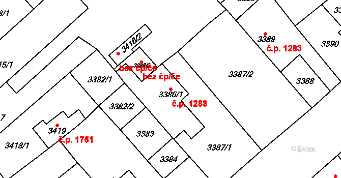 Chomutov 1288 na parcele st. 3386/1 v KÚ Chomutov I, Katastrální mapa