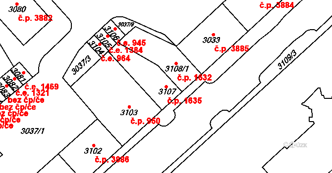Chomutov 1635 na parcele st. 3107 v KÚ Chomutov I, Katastrální mapa