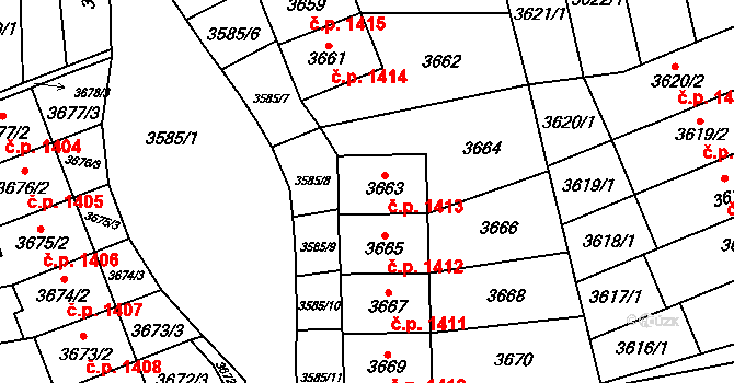 Šlapanice 1413 na parcele st. 3663 v KÚ Šlapanice u Brna, Katastrální mapa