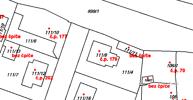 Radobyčice 179, Plzeň na parcele st. 111/9 v KÚ Radobyčice, Katastrální mapa