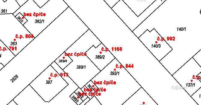 Doubravka 1166, Plzeň na parcele st. 389/2 v KÚ Doubravka, Katastrální mapa