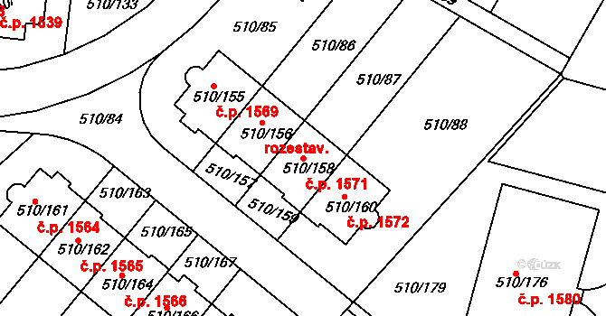 Hostivice 1571 na parcele st. 510/158 v KÚ Hostivice, Katastrální mapa