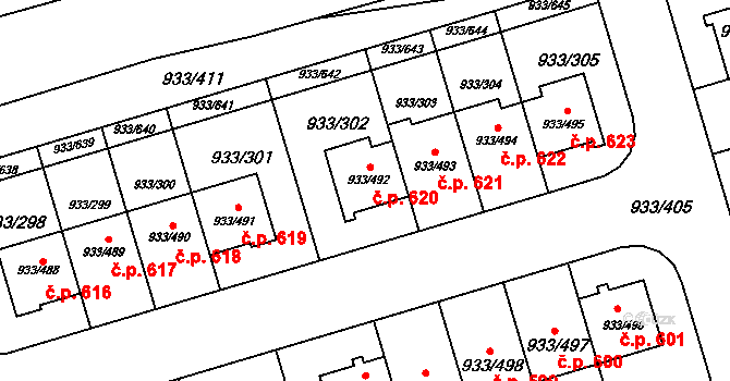 Satalice 620, Praha na parcele st. 933/492 v KÚ Satalice, Katastrální mapa