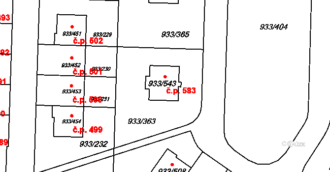 Satalice 583, Praha 8 na parcele st. 933/543 v KÚ Satalice, Katastrální mapa