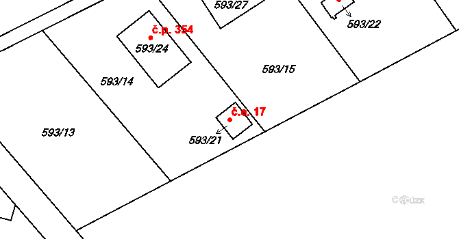 Dolní Žukov 17, Český Těšín na parcele st. 593/21 v KÚ Dolní Žukov, Katastrální mapa