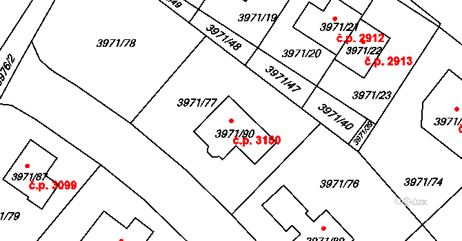 Česká Lípa 3150 na parcele st. 3971/90 v KÚ Česká Lípa, Katastrální mapa