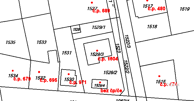 Úvaly 1604 na parcele st. 1529/3 v KÚ Úvaly u Prahy, Katastrální mapa