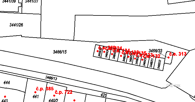 Střelice 269 na parcele st. 3466/35 v KÚ Střelice u Brna, Katastrální mapa