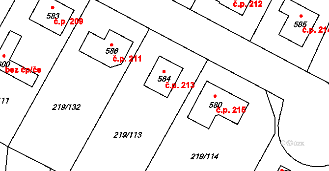 Chotětov 213 na parcele st. 584 v KÚ Chotětov, Katastrální mapa