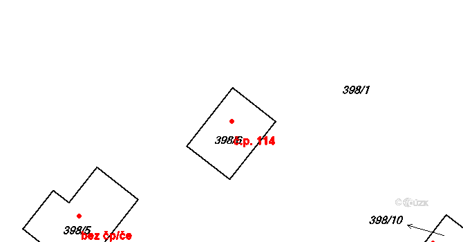 Dubenec 114 na parcele st. 398/6 v KÚ Dubenec u Příbramě, Katastrální mapa
