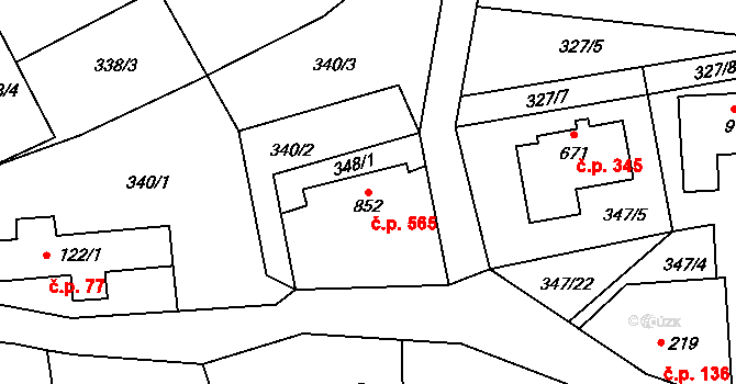 Kudlov 565, Zlín na parcele st. 852 v KÚ Kudlov, Katastrální mapa
