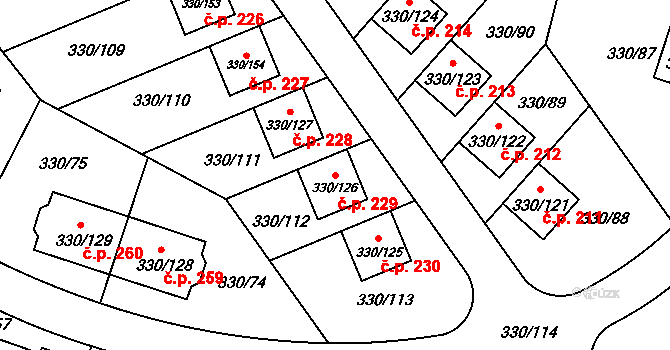 Hlušovice 229 na parcele st. 330/126 v KÚ Hlušovice, Katastrální mapa