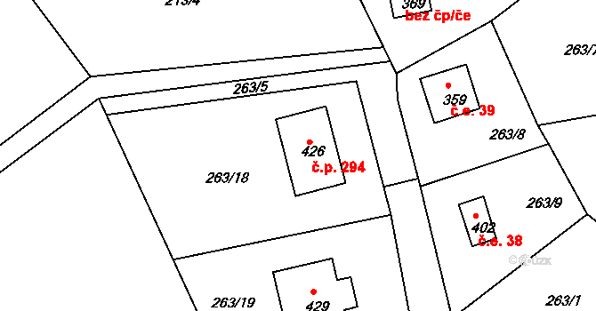 Dolany nad Vltavou 294 na parcele st. 426 v KÚ Dolany u Prahy, Katastrální mapa