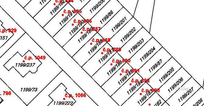 Vejprnice 889 na parcele st. 1199/187 v KÚ Vejprnice, Katastrální mapa