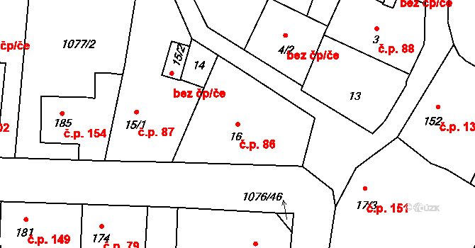 Prčice 86, Sedlec-Prčice na parcele st. 16 v KÚ Prčice, Katastrální mapa
