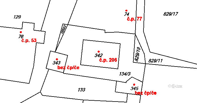 Bečváry 206 na parcele st. 342 v KÚ Bečváry, Katastrální mapa