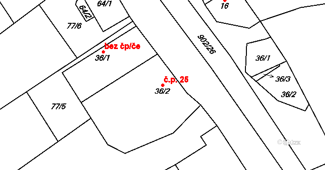 Sedliště 25, Jimramov na parcele st. 36/2 v KÚ Sedliště u Jimramova, Katastrální mapa