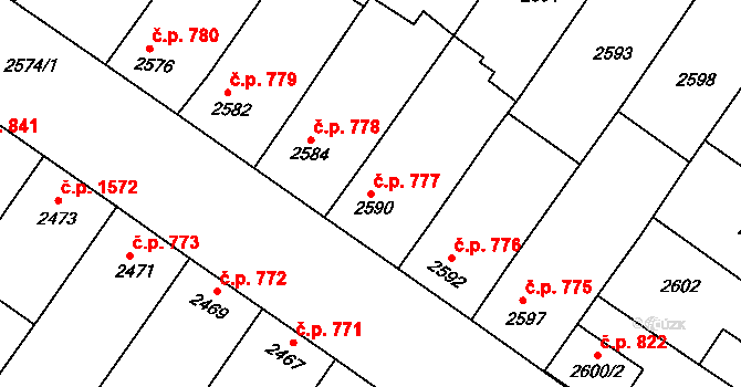 Hluk 777 na parcele st. 2590 v KÚ Hluk, Katastrální mapa