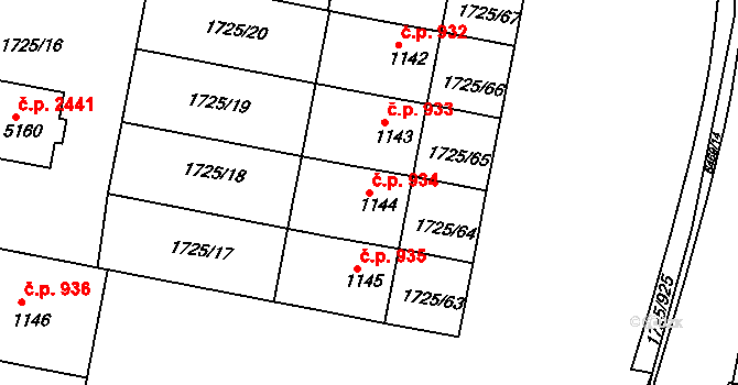 Uherský Brod 934 na parcele st. 1144 v KÚ Uherský Brod, Katastrální mapa