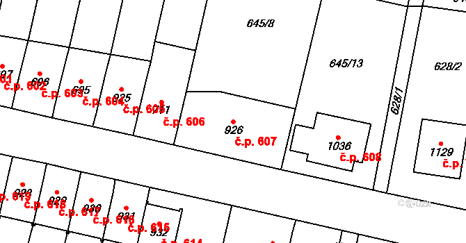 Králíky 607 na parcele st. 926 v KÚ Králíky, Katastrální mapa