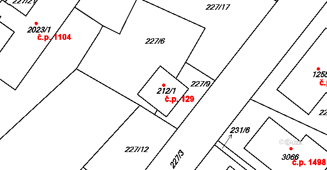 Neratovice 129 na parcele st. 212/1 v KÚ Neratovice, Katastrální mapa