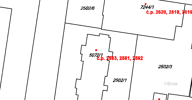 Zelené Předměstí 2581,2582,2583, Pardubice na parcele st. 5072/1 v KÚ Pardubice, Katastrální mapa