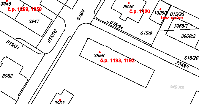 Bílé Předměstí 1192,1193, Pardubice na parcele st. 3959 v KÚ Pardubice, Katastrální mapa