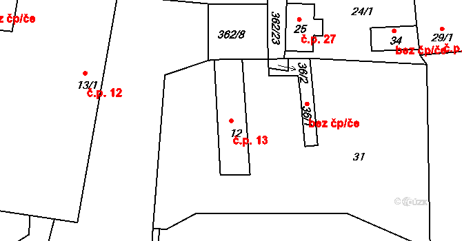 Vrbice 13, Hracholusky na parcele st. 12 v KÚ Vrbice u Žitné, Katastrální mapa